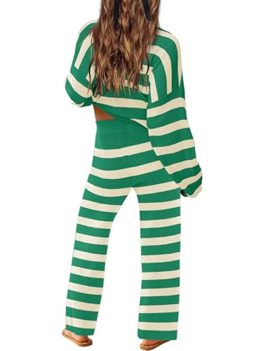 Image of LAMISSCHE Oversized Womens Lounge Set Striped Sweater Set Long Sleeve 2 Piece Pajama Set Top and Pants with Pockets