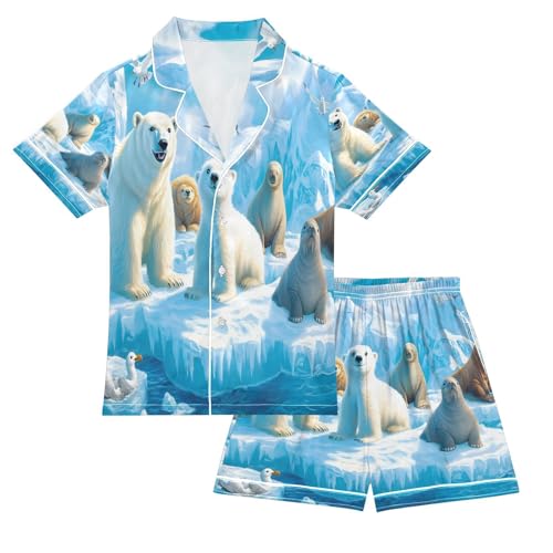 ALAZA Polar Bear Sea Lion Bird Satin Pajamas Set Short Sleeve Button Down Sleepwear Summer Pjs 2 Piece