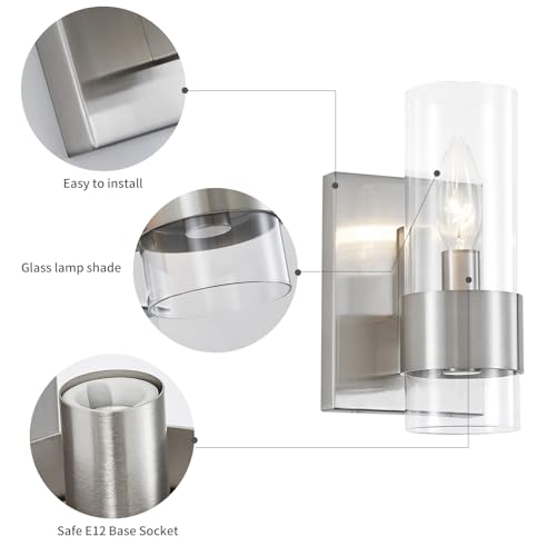 Image of WUZUPS Set of 2 1-Light Bathroom Wall Light Fixture Over Mirror Flat Class Shade Morden Vanity Scones for Bathroom Bedroom Living Room, E12 Base, Brushed Nickel