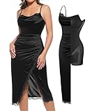 Popilush Black Midi Dress Women's Satin Silk Ruched Shapewear Dress Cocktail Party Dresses with Built in Lace Bra