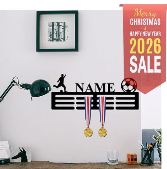 GPNW Personalized Medal Display Rack, Black Metal Football Theme Wall Mount, 34 cm Sports Trophy Holder 3