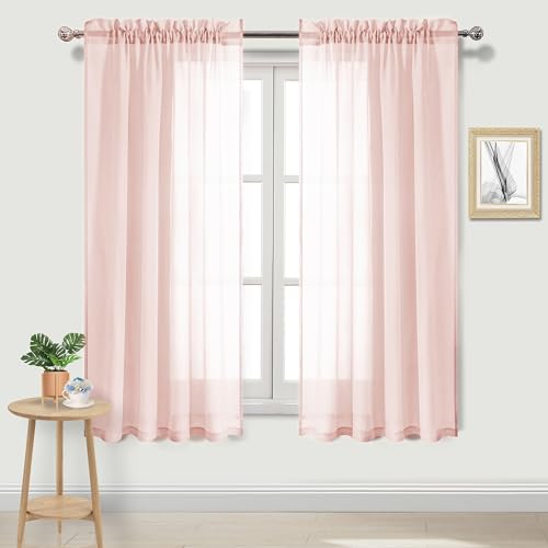 DWCN Blush Pink Sheer Curtains Semi Transparent Voile Rod Pocket Curtains for Bedroom and Living Room, 52 x 63 inches Long, Set of 2 Panels