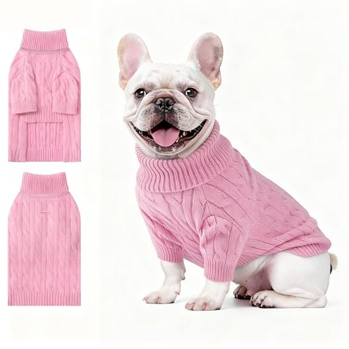Image of Small Dog Thermal Pullover Sweater, Classic Turtleneck Cable Knitwear Dog Clothes for Cold Weather Warm Pet Clothes for Chihuahua, Bulldog, Dachshund, Pug Pink Large