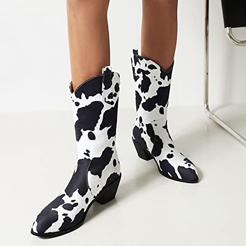 Image of Cozivwaiy Women Mid Calf Cowboy Boots Chunky Heel Half Boot Cow Print Western Boots Plus size (US 4-12.5)