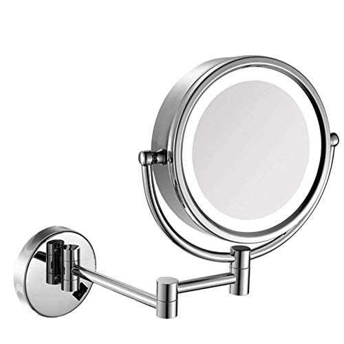Espejo de maquillaje montado en la pared con luz LED de 8 pulgadas con aumento de 10 aumentos, extensible giratorio de 360°, espejo de tocador para afeitado de baño y acabado dorado cosmético.