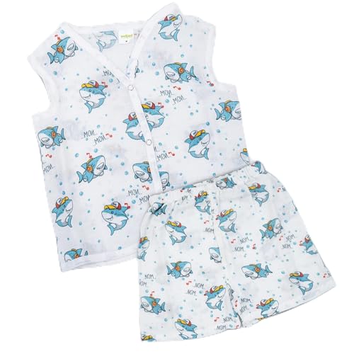 Image of BAYBEE 100% Muslin Cotton New Born Baby Clothes for Kids | Sleeveless Summer Wear with Soft & Breathable | Shirt and Shorts Set | Jablas for Baby Girl Boy Dress