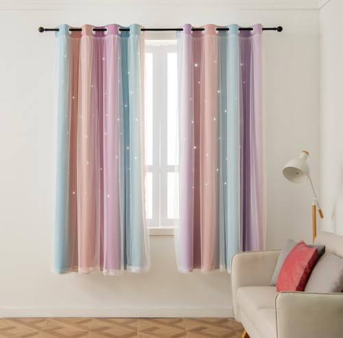 AOWELLOW Star Blackout Curtains 84 Length for Bedroom 2 Panels Set, Privacy Boho Curtain for Glass Door Aesthetic Room, Pink Purple Thick Grommet Top Star Cutout Kids Curtain (W52X L84)