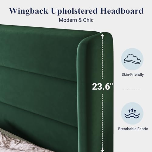 Image of Allewie Queen Size Platform Bed Frame with Velvet Upholstered Wingback Headboard, No Box Spring Needed, Under Bed Storage Space, Strong Wooden Slats, Modern Mattress Foundation, Easy Assembly, Green