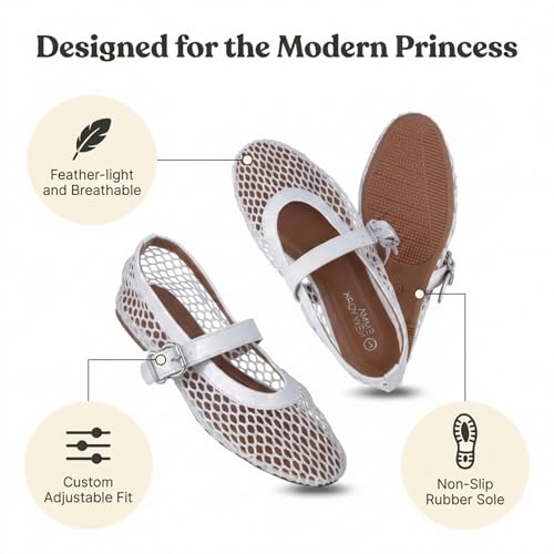 Image of EMMA NEW YORK Mesh Ballet Flats for Women, Mary Jane Mesh Ballet Flats Shoes for Women with Buckle Strap