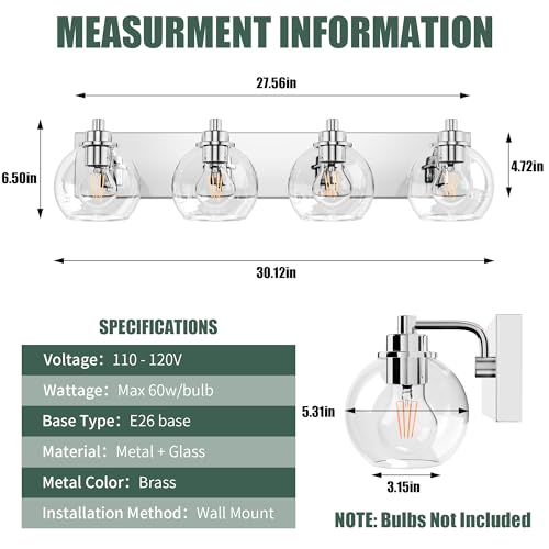 Image of 4 Light Bathroom Light Fixtures-Chrome Bathroom Vanity Lights, Modern Vanity Lights 4-Light Bathroom Lighting Fixtures Over Mirror with Clear Glass Globe Shade