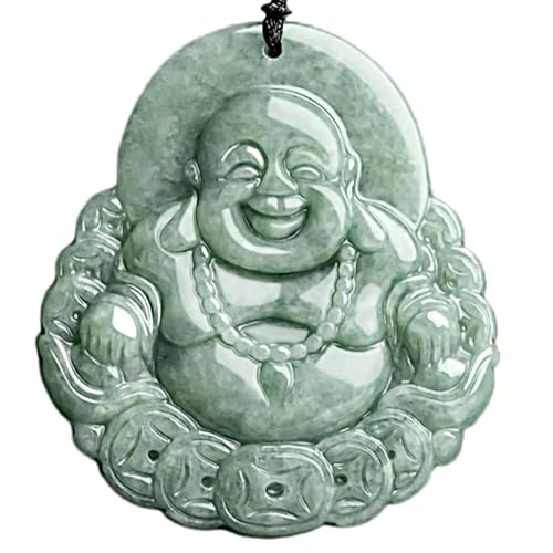Natural Jade Pendant Necklace Laughing Happy Buddha with Ingots Coins Lucky Certified Untreated Grade A Burmese Jadeite Hand Carved Amulet for Men and Women String 25.59 in