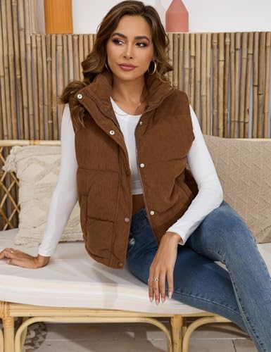 Gihuo Women's Corduroy Puffer Vest Stand Collar Zip Up Padded Vests Sleeveless Quilted Jackets Snap Gilet with Pockets4