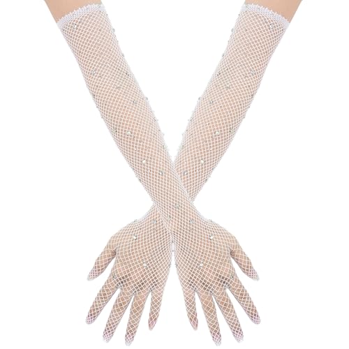 SSIMIDAPT 1 Paire Gants Longs en Résille, Fishnet Gloves pour Femmes avec Strass, Long Fishnet Gloves, Gants Longs en Maille pour Fêtes, Opéras, Bals, Halloween, Disco, Mariage