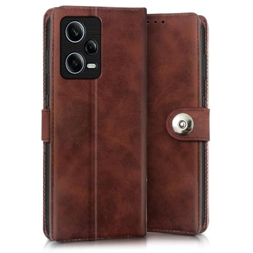 Image of WOW IMAGINE Shock Proof Flip Cover Back Case for Redmi Note 12 Pro 5G (Magnetic Button Flip Case | Wallet Pockets & Stand | Leather Finish | Coffee)