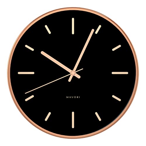 Reloj grande de pared MAVORI®, sin tic-tac con marco de metal dorado rosa de alta calidad - segundero silencioso, movimiento de cuarzo - diseño elegante y moderno (negro) Cover