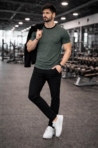 Image of Men's Solid Gym T-Shirt | Slim Fit Gym & Training Tee | Breathable Stretch Fabric | Round Neck Sports Wear for Workout