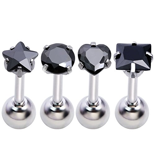 PiercingJ Stud Earrings Set Cubic Zirconia Barbell Earring Tragus Cartilage Helix Earring Ear Studs for Women, 6mm Bar, 16G, 8-12pcs