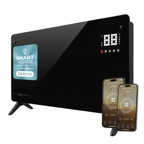 DMD | Wifi Enabled Smart Heater Tempered Glass Touch Screen Control 5-50 Degree Temperature 24hr Timer | Free Standing and Wall Mounted Brackets Supplied (2000 Watt)