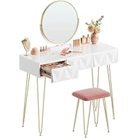 EUGAD White Dressing Table with Velvet Pink Stool 360° Swiveling Mirror Set with 3 3D Effect Drawers Under the Makeup Bedroom Desk Dresser Set Hairpin Legs