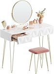 EUGAD White Dressing Table with Velvet Pink Stool 360° Swiveling Mirror Set with 3 3D Effect Drawers Under the Makeup Bedroom Desk Dresser Set Hairpin Legs