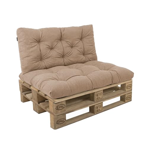 POKAR Set di Cuscini per Europallet da 2 pezzi: 1x Cuscino-sedile 120x60cm + 1x Cuscino-schienale 120x60cm, per Divano da Giardino, per Interno ed Esterno, senza Pallet, beige