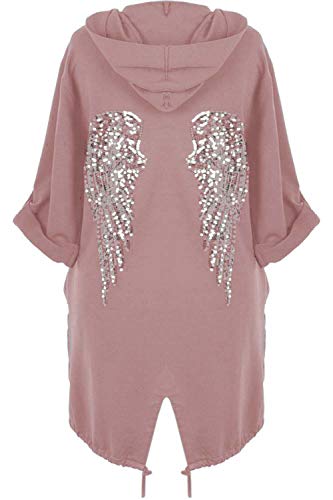 FASHION 7STAR Damen Strickjacke mit langen Ärmeln und Pailletten auf der Rückseite, Angel Wings, für Damen, weite Oversize Jacke mit Kapuze, Rosa