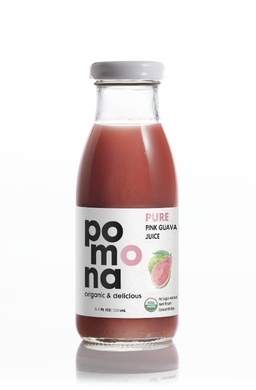 Image of Pomona Organic Juices Pure Pink Guava Juice, 8.4 Ounce Bottle (Pack of 12), Cold Pressed Organic Juice, Non-GMO, No Sugar Added, Not from Concentrate, Gluten Free, Kosher Certified, Preservative Free