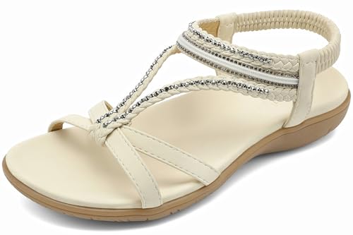 Image of UBFEN Womens Bohemian Flat Sandals With Back Strap Summer Beach Comfortable Bling