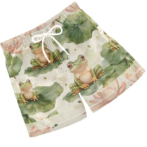 Pigsaly Boys' Swim Board Shorts Vintage Watercolor Lotus Flowers Green Frogs Boy's Swim Trunks Kids Swimwear S