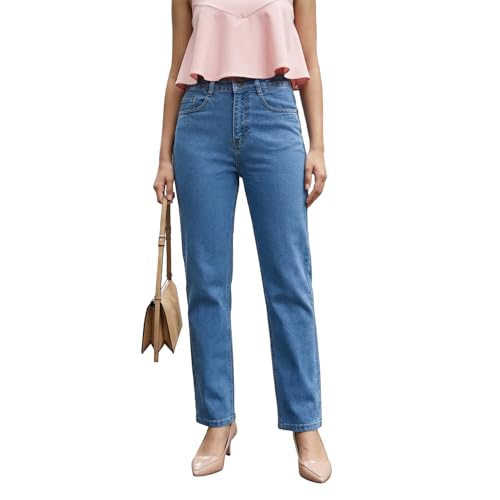 Image of Urbano Fashion Women's High Rise Straight Fit Washed Jeans Non-Stretchable