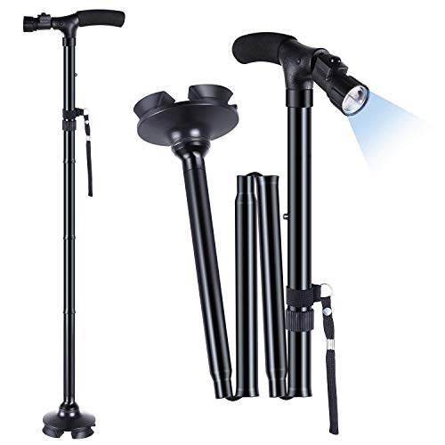 Travel Adjustable Folding Canes and Walking Sticks for Men and Women with Led Light and Cushion Handle for Arthritis Seniors Disabled and Elderly Best Mobility Aids Cane, Extra-Wide Pivoting Head
