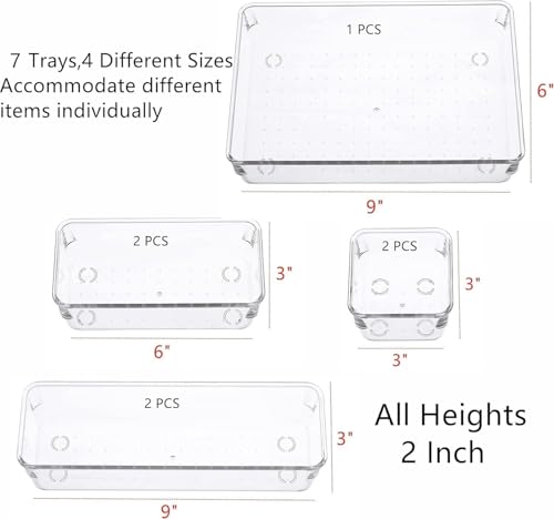 Image of Clear Plastic Drawer Organizers Set, 4-Size Versatile Bathroom and Vanity Drawer Organizer Trays, Storage Bins for Makeup, Bedroom, Kitchen Gadgets Utensils and Office (7 PC NEW SET)