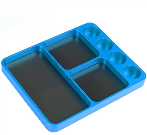 Magnet Tool Tray Aluminum Alloy Screw Tray with Tool Holder RC Parts Fixing for 1/10 RC Cars, Drones, Phone, Computer, Eyeglass, Electronic Multi-Compartment Anti-Loss Organizer Storage Box （Wathet）