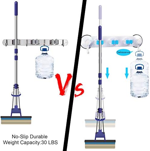 Mop Broom Holder Heavy Duty Stainless Steel Wall Mounted Tool Organizer with 3 Position 4 Hooks for Home Bathroom Kitchen Garden