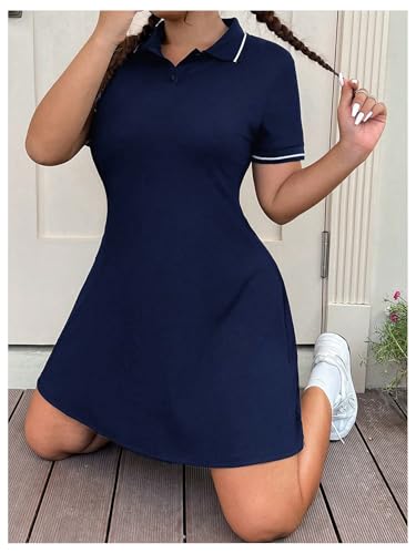 Image of RoseSeek Women's Plus Size Football Jersey Dress Collared Golf Tennis Dress Button Front A Line Streetwear Dresses Dark Blue 3XL