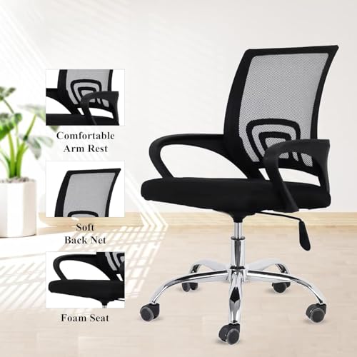 Image of NORMAN JR, Ergonomic Desk Chair Mesh Computer Chair with Lumbar Support Armrest Executive Rolling Swivel Adjustable Mid Back Chair - Solid Black & Black Handle