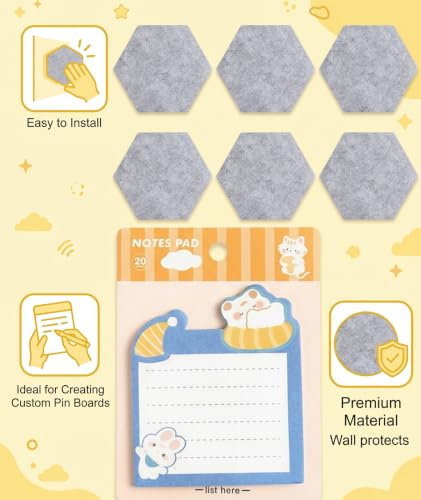 Image of 7Pcs Bulletin Board, Pin Board for Home Office Organization, Grey Felt Tiles with Random Stickers
