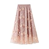 jinghuiyue Women's Midi Tulle Skirts Floral Embroidery Layered Print Fairy Skirts Elastic Waist A-Line Mesh Skirt(Flower Pink)