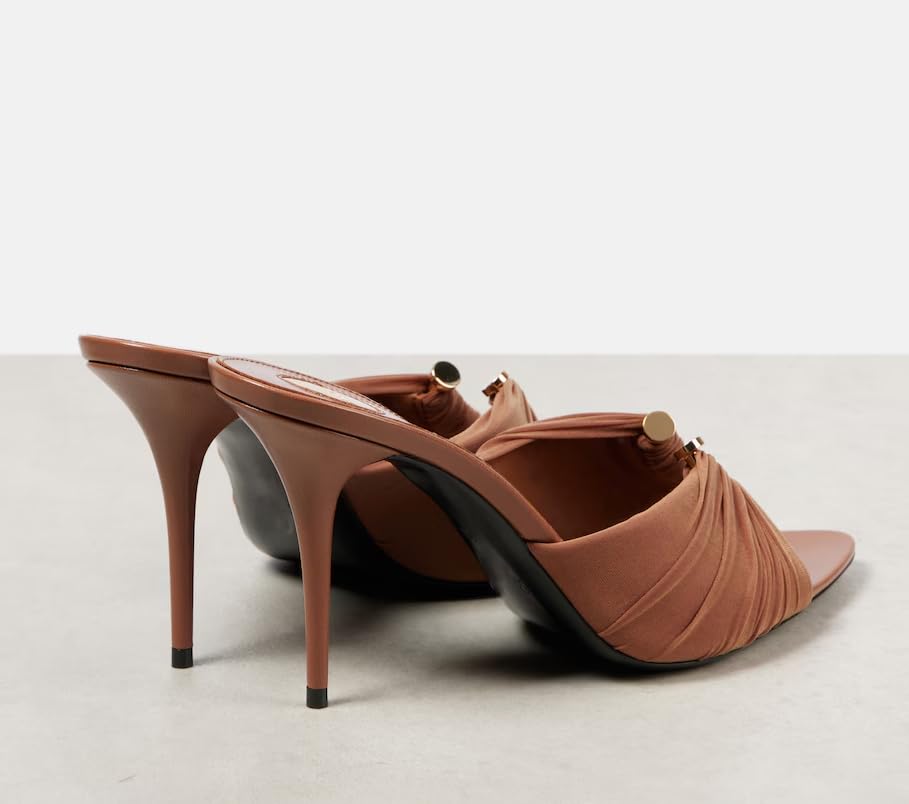 Brown Mules High Heel Sandals for Women Sexy Pointed Toe Slip-On Stilettos Metal Buckle Ruched Design Sandal Shoes for Versatile Summer Outfits4