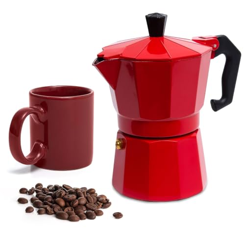 Image of 3 Cup Stovetop Espresso Maker Classic Italian Moka Pot for Gas & Electric Cooktops Durable Aluminum Coffee Maker Easy Brew Espresso Machine for Cappuccino, Latte & Mocha(130ml-Red-1pcs)