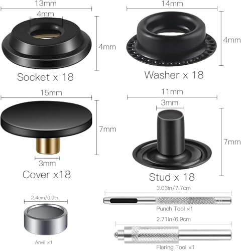 72 Pieces (18Sets) Snap Fastener Kit Tool 15MM Snap Button kit Snaps for Leather Leather Snaps and Fasteners Kit for High-Grade Metal Material Snaps for Bag, Jeans, Clothes, Fabric (Black)