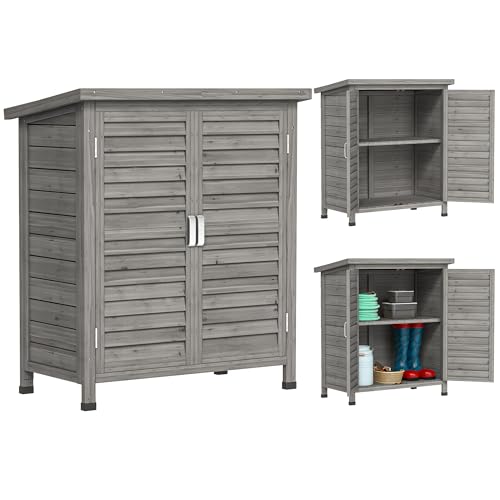 Outsunny Cobertizo de Almacenamiento de Madera para Jardín con 2 Estantes Interiores 2 Puertas y Techo Inclinado para Exterior Terreza 87x46,5x96,5 cm Gris