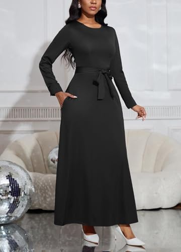 Image of BubFee Long Dress for Women Casual Long Sleeve Dresses Maxi Dress Empire Waist Loose with Belt