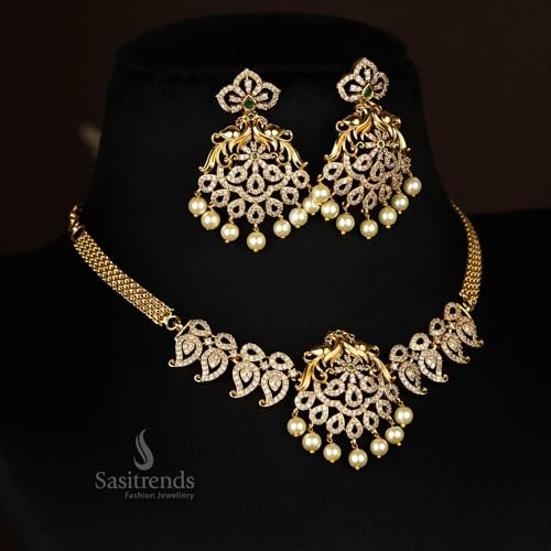 Image of Sasitrends Temple Wear Gold Plated AD Studded Choker Necklace With Earring Jewellery Set For Women & Girls