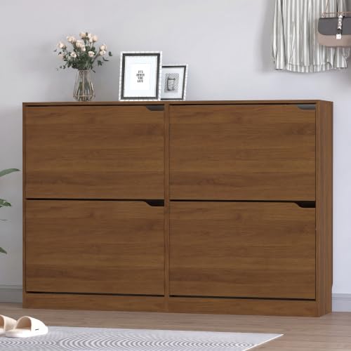 Image of BORNOON Shoe Cabinet with 4 Flip Drawers, Narrow Hidden Shoe Storage Cabinet, Slim Freestanding Shoe Rack Organizer for Entryway, Hallway, Bedroom, Living Room