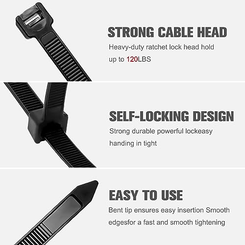 Zip Ties 12 inch ,Heavy Duty Cable Ties with 120 Pounds Tensile Strength,Black Zip Ties,100 Pack, Wire Ties for Indoor and Outdoor Use.
