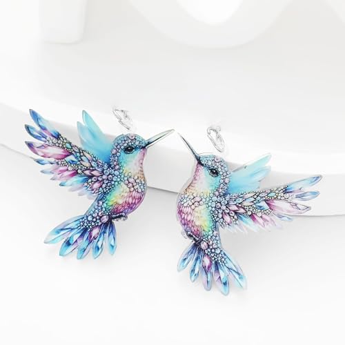 Hummingbird Earrings, Clip on Earrings for Women Non Pierced Screw Back Hypoallergenic 2D Acrylic Dangling Novelty Fun Blue Colorful Cute Humming Bird Drop Dangle Jewelry4