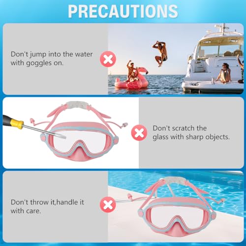 Image of PROBEROS Swimming Goggles for Kids, 2-in-1 Wide View Goggles Lenses with Anti-Choke Nose Cover & Intergrated Earplugs, Adjustable Headstrap No Pressure Swim Goggles for Children for 4-12 Years, Pink