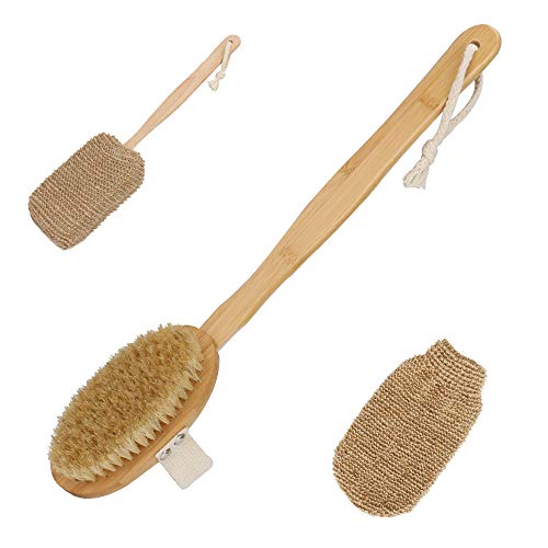 Dry Brushing Body Brush Set, 3 in 1 BicycleStore Bath Back Brush Scrubber 13.4in Long Handle Shower Cleaning Brushes Glove for Shower Natural Bristles Massager Exfoliating for Skin Health