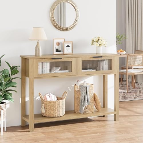 AffinityFurn Console d'Entrée avec Verre Fluté et Tiroir de Rangement, Finition en Bois Clair, Idéal pour l'Entrée, Le Couloir ou Le Salon